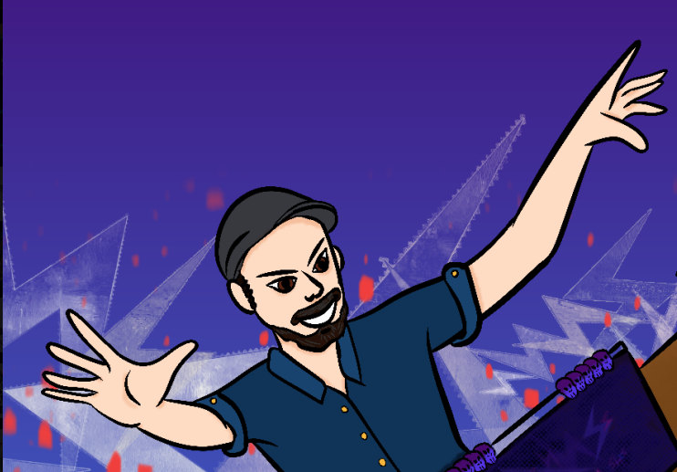 Illustrated portrait of Kurt Wild grinning with both arms thrown wide behind his GM table.